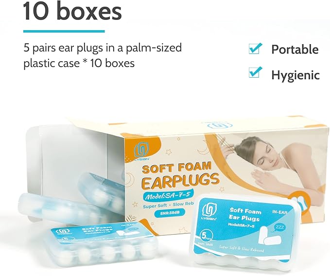 LYSIAN Foam Ear Plugs for Sleeping, 50 Pairs, SNR 38dB Noise Reduction Earplugs, Ultra Soft Slow Rebound Earplugs for Snoring, Travel, Work, Study and Loud Noise, White/Blue