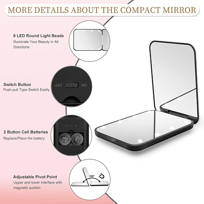 Kakuje Compact Mirror, 1X/3X Magnification LED Pocket Mirror with Nternal BIattery, Mini Mirror for Purse, Pocket,Travel and Present (Black)