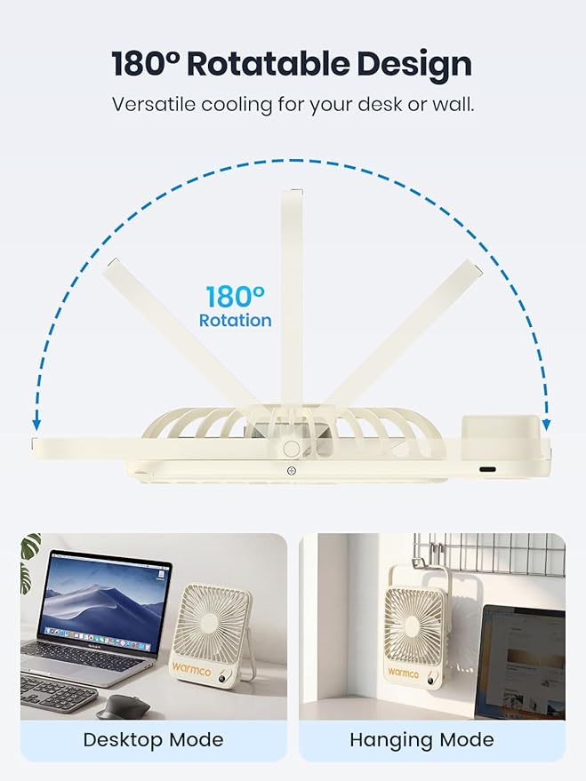 Warmco 10000mAh Portable Travel Fan 7-inch, Up to 24H Runtime, Ultra-thin Quiet Rechargeable Battery Operated Desk Fan with Digital Display for Camping, Office, Bedroom, Cruise Essentials