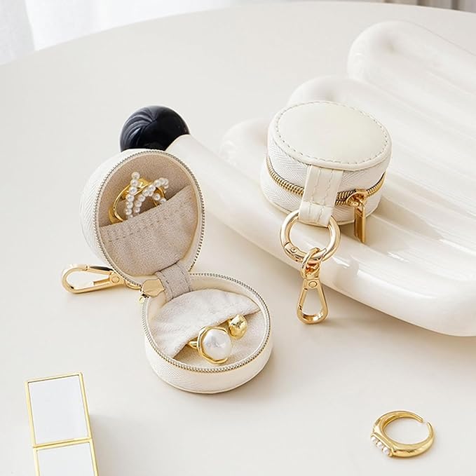 Jewelry Ring Holder Keychain - Portable Travel Sports Ring Keeper Case - Mini Small Versatile Carrying Display Storage Organizer Box With Key Chain (White)