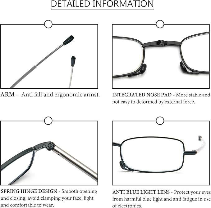 2 Pack Folding Reading Glasses Stainless Steel Mini Anti-Blue Light Blocking Reader for Men Women