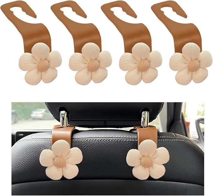4 PCS Car Seat Headrest Hooks, Cute Flower Car Seat Back Organizer Bag Holder Hooks, Automotive Seat Hook Hanger Storage Organizer for Purse Cloth Grocery Bags, Car Accessories (White+Brown)