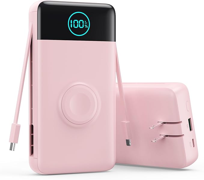 Portable Charger for iPhone, 40800mAh Power Bank with Built-in Cables & AC Wall Plug, 5 Outputs USB C Fast Charging External Battery Pack for iPhone 17/16/15/14, Android, Travel Essential (Pink)