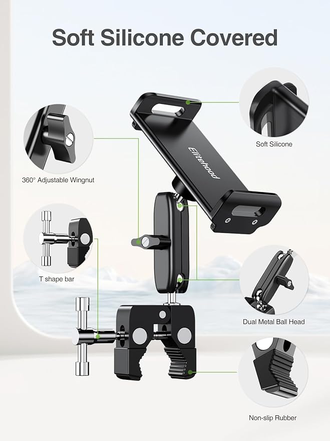 elitehood Aluminum Dual Ball Head Tablet Holder for Mic Stand, Adjustable iPad Mic Stand Holder, Strong Metal iPad Clamp Mount for Aircraft Yoke, Loader, Tractor, Boat, Wheelchair, Stroller, Treadmill