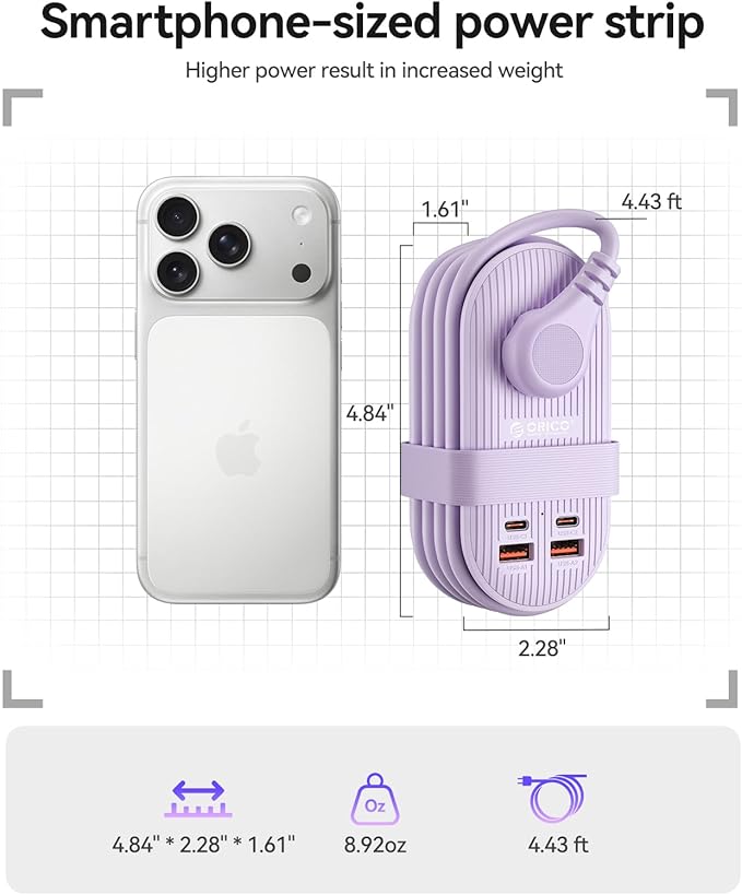 ORICO 45W Power Strip for iPhone 17 and Galaxy S25, 7 in 1 Charging Station with 3AC, 2 USB-A, 2 USB-C, 4ft Thin Extension Cord, Flat Plug Fashion Essential for Cruise Ship/Travel/Home/Dorm- TK45