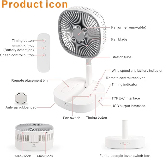 Magesh Portable Pedestal Fan - Foldaway Standing Fan Foldable Desk Fan, Use 7200Mah Rechargeable Battery, Remote Control Telescopic 4 Speed Quiet Timer Fan for Home Kitchen Outdoor Camping (White)