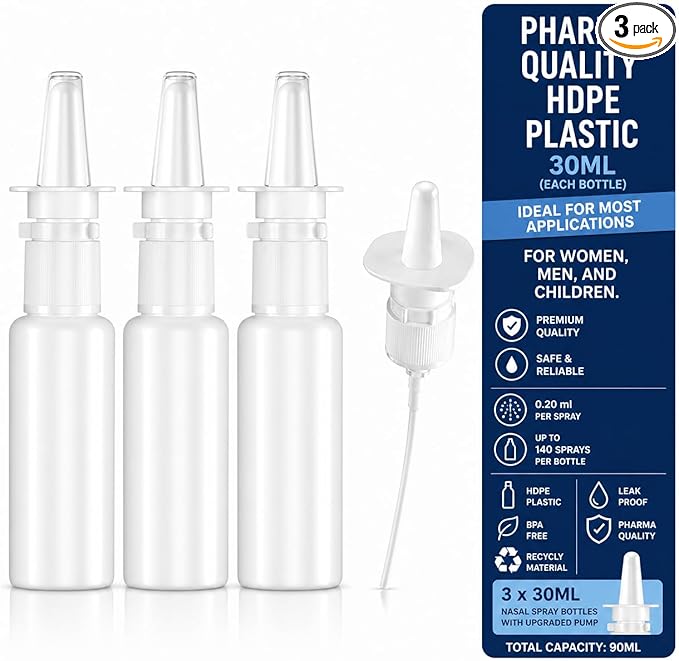 JULLY! 3-Pack 30ML Unique Mist Nasal Spray Bottle – Refillable Pump Sprayer for Nose, Durable HDPE Plastic, Leak-Proof Travel Size for Saline, Personal Care & Home Use, Easy-to-Use Dosage Mechanism