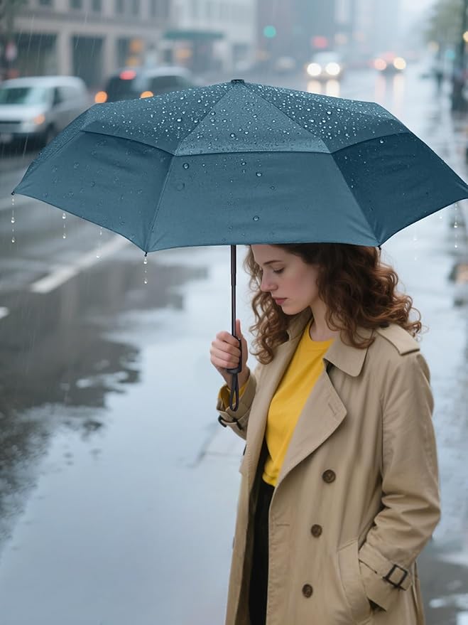 PTEROMY Windproof Travel Umbrellas for Rain and Sun, Withstands 85MPH Winds Auto Open Close Folding Umbrella with Ergonomic Handle, Quick Dry Canopy for Commuting or Backpack