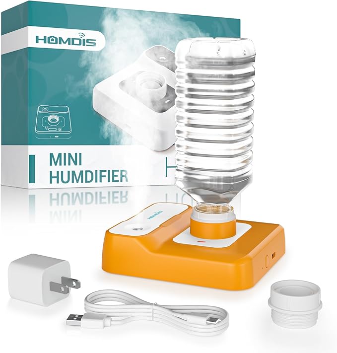 Portable Humidifier, Rechargeable Water Bottle Humidifier for Travel Bedroom Office Desk Plants, Mini Cool Mist Humidifier Whisper Quiet 23dB with 2 Mist Modes & Auto Shut-Off, Orange/w