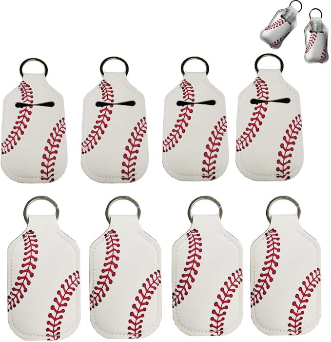4 Piece Hand Sanitizer Bottle Holder Keyring Neoprene Keychain for 30ML Gym Shampoo Lotion Soap Perfume and Liquids Travel Containers,White Baseball