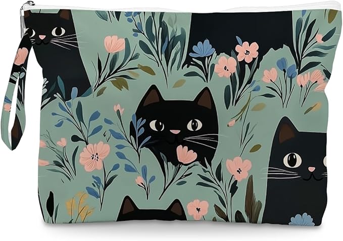Fokongna Black Cat Print Wet Bag, Small Portable Waterproof Multi-Functional Organizer for Women，Green Floral Black Cat Pattern，Ideal for Daily, Beach & Travel