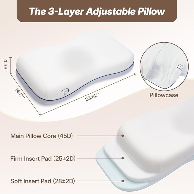 Cervical Neck Pillow for Neck Support, Adjustable Memory Foam Pillow with Customizable Height and Firmness for Side, Back, Stomach and CombSination Sleepers, White 1 pcs