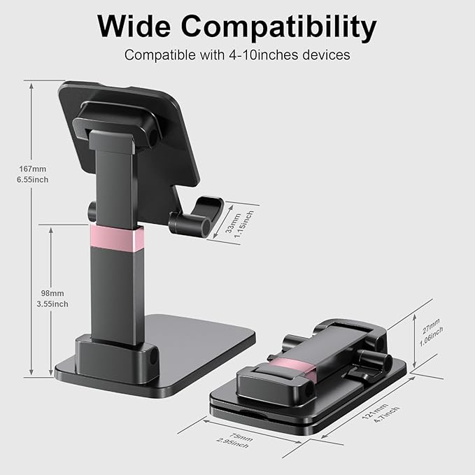 Phone Stand, Cell Phone Holder Adjustable Cellphone Stand for Desk Adjustable Office Accessories Gift Tablet Stands for iPhone iPad Android Devices Under 12", Black,2Pack