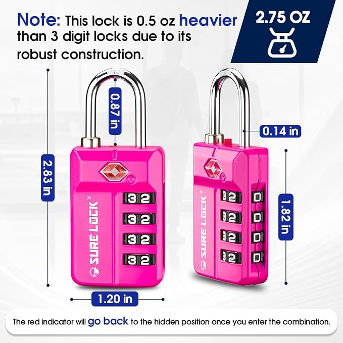 SURE LOCK TSA Approved 4-Digit Resettable Combination Luggage Locks with Open Alert, Easy-Read Dials - for Luggage, School Lockers, Gym, Office, Toolbox & Security Cases(4 Assorted Colors)