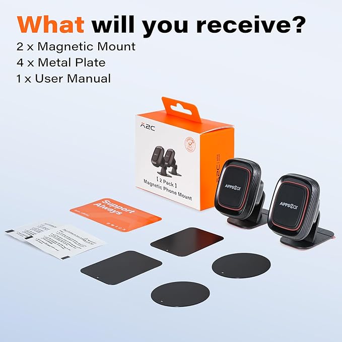 [2 Pack] Magnetic Phone Holder for Car, APPS2Car Dashboard Magnetic Car Phone Holder Mount with Strong VHB Adhesive Mounting, Requires Metal Plate for Use, Compatible with Most Phones(Not for Magsafe)