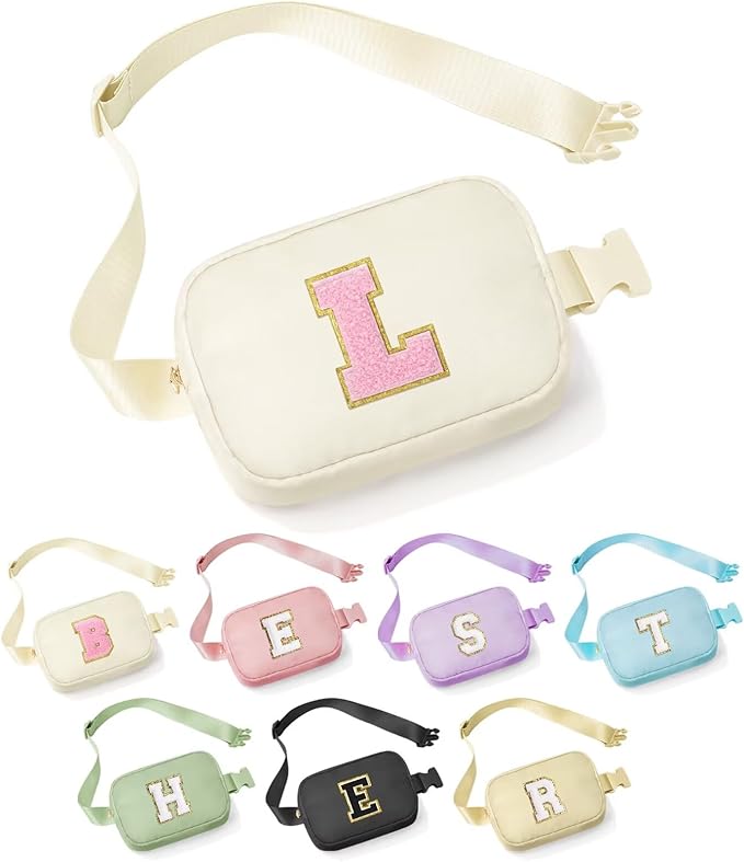 YOOLIFE Birthday Gifts for 3 4 5 6 7 8 9 10 Year Old Girl, Initial Fanny Pack Girls Purse Belt Bag Crossbody Bag, Personalized Gifts for Girl Kids Toddler, Beige L