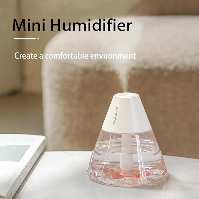 INVODA Mini Humidifiers, 260ml USB Personal Cool Mist Humidifier Cute Volcanoes Desktop Air Humidifier Quiet Night Light Small Humidifiers for Car, Office, Bedroom, Travel (White+6 Cotton Cores)
