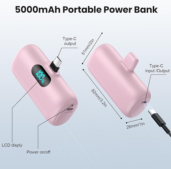 [2-Pack] Mini Portable Charger USB C Power Bank,Upgraded 5000mAh PD Fast Charging Battery Pack Built-in USB-C Connector Travel Essential for iPhone17/17Pro/17Pro Max/Air/16 Plus/16Pro Max/15 Series