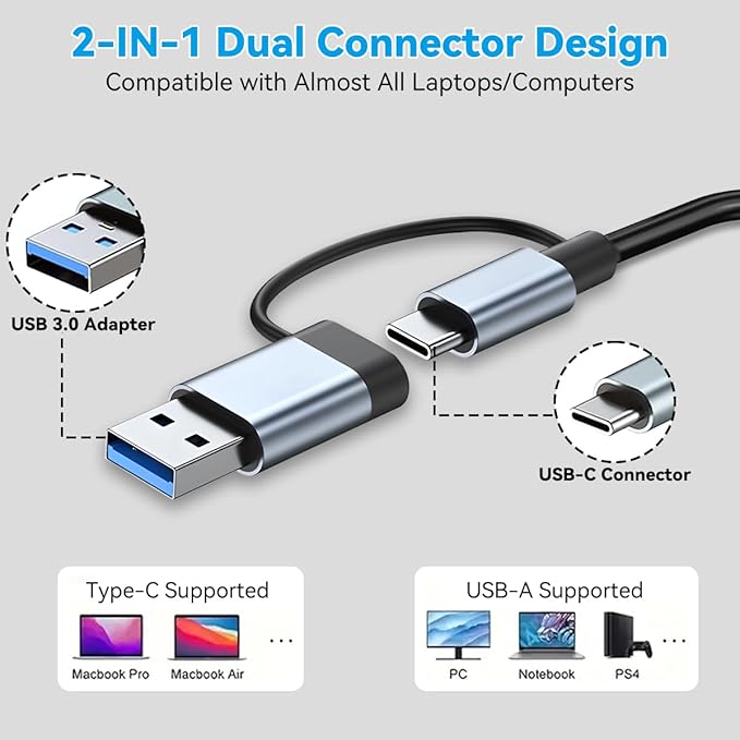 USB C/USB Hub Aluminum 7 in 1 Type-C USB Extender Multiport Adapter with USB3.0 & USB2.0 Ports for PC/Laptops/MacBook Pro/Air/iMac/iPad and More Devices