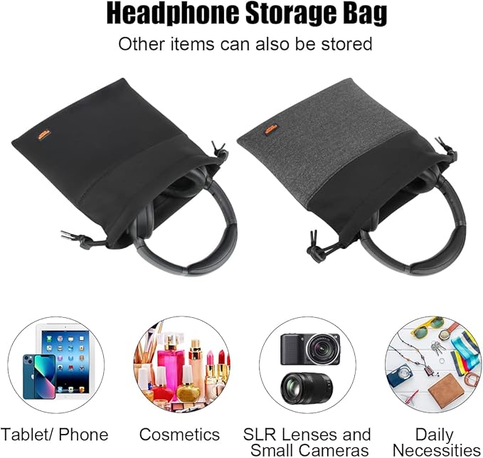 Headphone Storage Bag, 2 Pack Lightweight Headphone Carrying Pouches Headset Case Bag Travel Pouch for Headsets Overhead Headphones Neckband Earbuds (Large Black, Large Grey)
