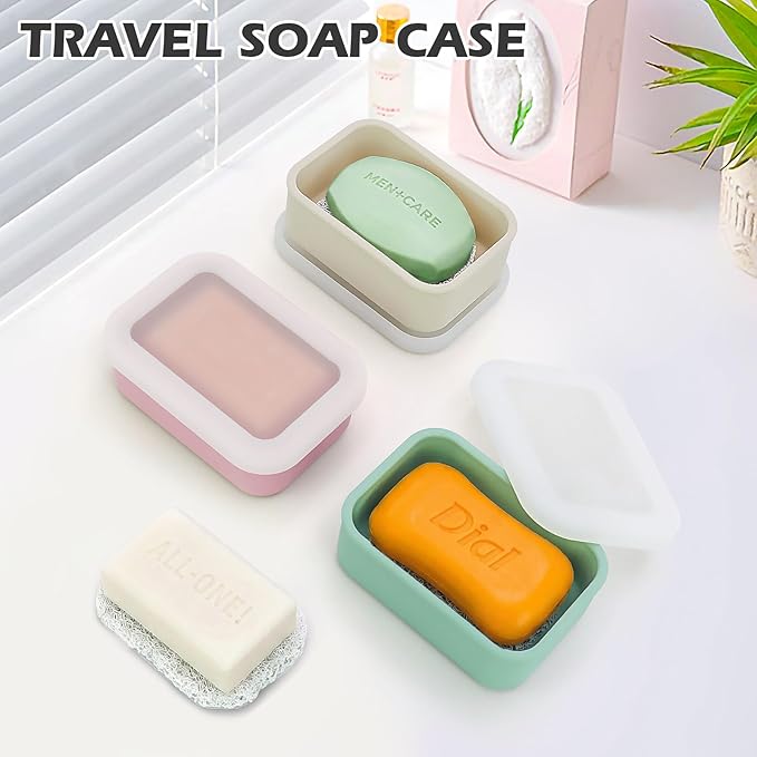 AIDIMMING Leak Proof Silicone Travel Soap Case with Clear Lid & Drain Pad, Compact Bar Soap Container, Portable Soap Holder for Standard Bar Soap & Handmade Soap, Travel Camping Gym (Clear&Offwhite)