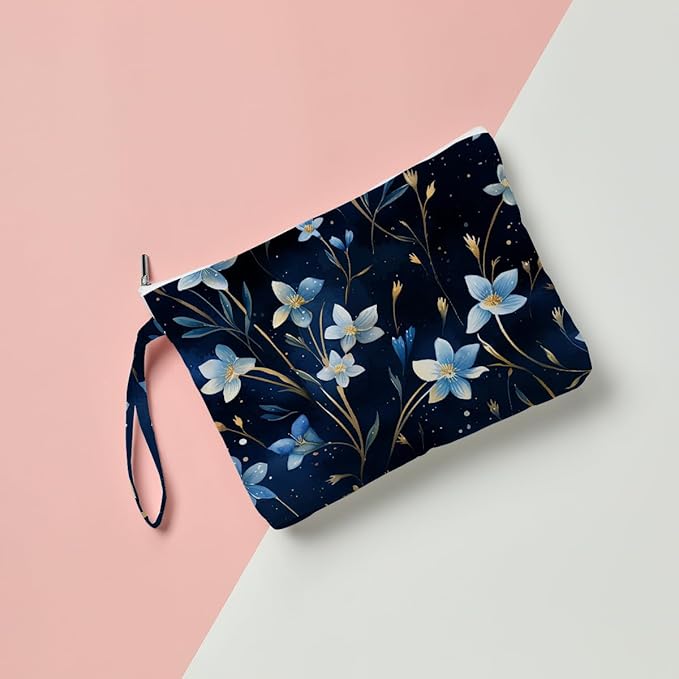 Fokongna Floral Print Wet Bag, Small Portable Waterproof Multi-Functional Organizer for Women, Ideal for Daily, Beach & Travel, Midnight Blue Starry Bluebell