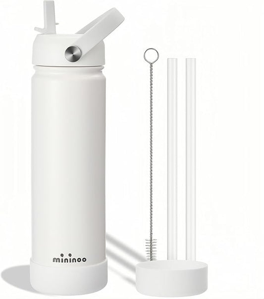 mininoo Insulated Stainless Steel Water Bottle with Straw, BPA-Free & Leak-Proof, 24 oz, White