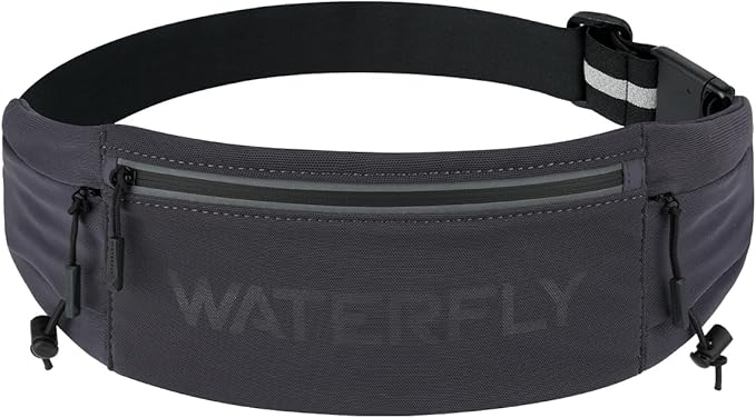 WATERFLY Running Belt Fanny Pack: Breathable 3 Pocket Waist Bag for Men Women Workout Exercise Fitness Phone Holder Fits All Phones - Runner Marathon Jogging Race Belt with Bib Clip Dark Gray