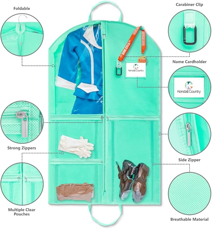 Waterproof Hanging Garment Bag 40 inch Clothes Bag with Gusset, 5 Pockets & Side Zip for Dance Costumes, Sports, Skating, Theatre, Beauty Pageants & More by Kendall Country, Sea Foam Green