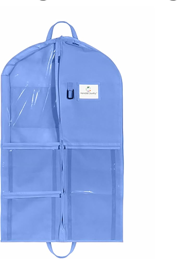 Enhanced Hanging Garment Bag with multiple clear Pockets, carrying straps, front and Side Zippers for Clothes, Dance Costumes, Cheer uniforms, and pageant dresses. (HydrangeaBlue, 40 inch)