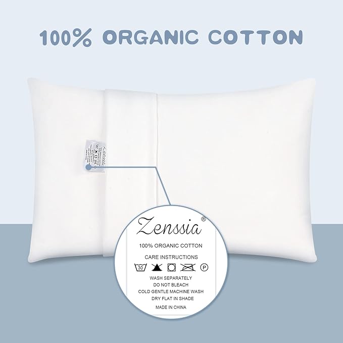 Zenssia Organic Cotton Toddler Pillowcase/Travel Pillowcase Pack of 2 Set 13x18 Inches with Envelope Closure - Soft & Breathable Baby Pillow Case Cover Solid White