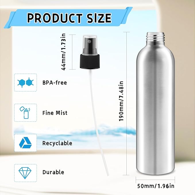 5 Pack 300ml/5oz Empty Aluminum Spray Bottles,Metal Fine Mist Sprayer,Refillable Cosmetic Atomizer Set with Lids for Cosmetic,Perfume,Face Spray,Air Freshener,Cleaning,Gardening