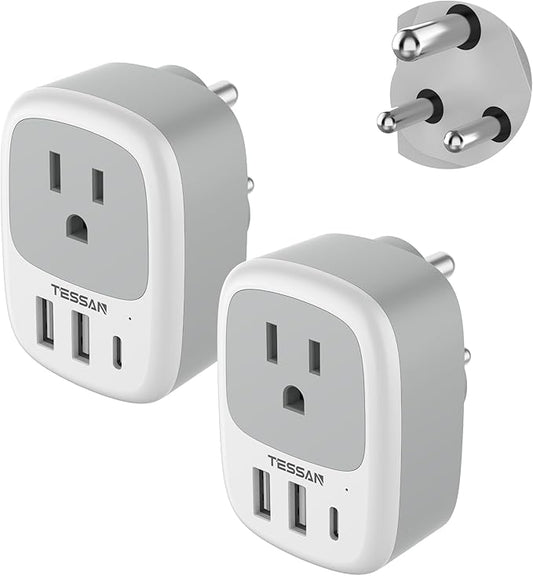 2 Pack US to India Plug Adapter, TESSAN Type D Travel Adapter with 1 Electrical Outlet 3 USB Ports (1 USB C), Power Outlet Adaptor for USA to India Nepal Maldives Pakistan Bangladesh Kuwait Yemen