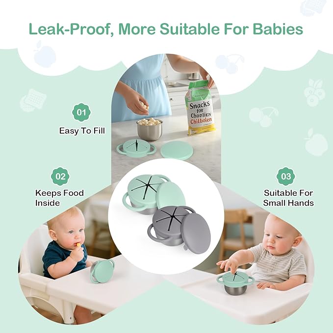 Daximo 2 Pack Snack Cups for Toddlers Spill Proof - Detachable Stainless Steel Toddler Snack Cups with Silicone Lids & Handles - Dishwasher Safe Snack Container(Matte Gray and Mint Green)