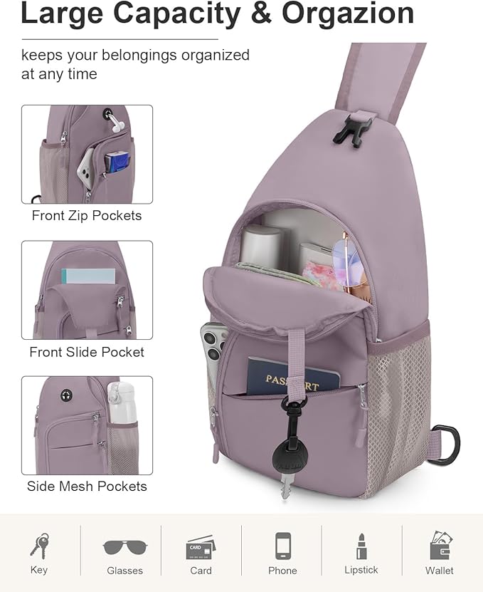 Pritent Crossbody Bags for Women Man, Waterproof Sling Bag Backpack Trendy Casual Cross Body Bags with Convertible Shoulder Strap Chest Bag for Camping Hiking Travel Essentials (Purple, Medium)