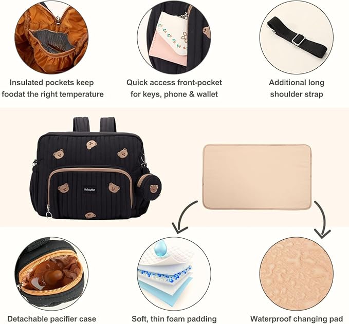 GOBABYMART Diaper Bag Backpack, Medium Maternity baby bag & Changing Pad, Insulated Pockets, Stroller Straps & Pacifier Case (Medium - Black Bears)