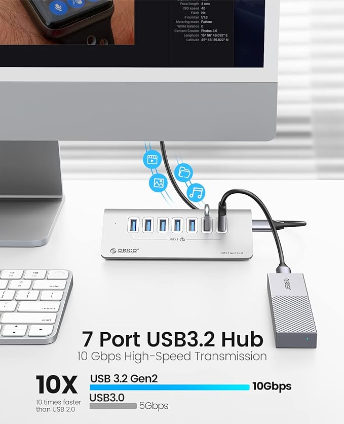 ORICO 7-Port USB 3.2 Gen2 Hub, Desktop USB 3.2 Hub with 7 USB-A Ports, 5V 3A Power Supply Port, 10Gbps Aluminium USB-Splitter with 3.28Ft USB-C to USB-C Cable for iMac, MacBooks, Mac mini