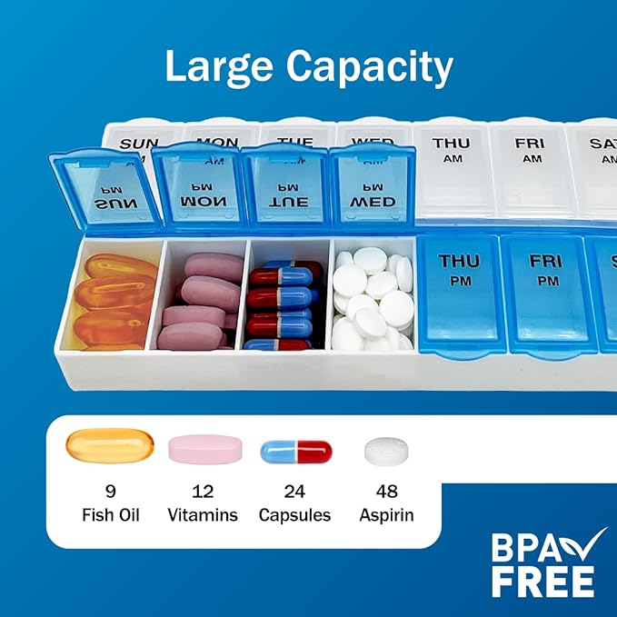 Amazon Basic Care 7-Day AM/PM Pill Organizer | Large Compartments | 2 Times Daily | Blue Clear Lids | Pack of 2
