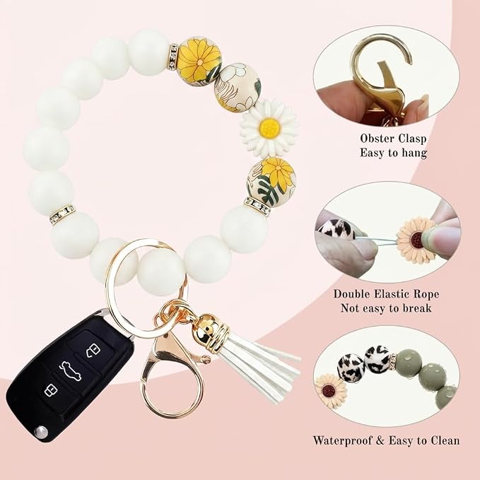 2PCS Bracelet Key Ring Set, Cute Car Key chain Wristlet, Silicone Beaded Bangle keyChains for Women Girls