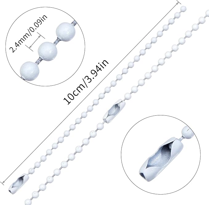Lemonkey 100Pcs Ball Beads Chain Bulk,White Keychain Rings Metal Chain,4 Inch Dog Tag Metal Small Chain with Connectors for Hanging Decoration