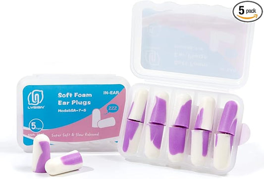 LYSIAN Ultra Soft Foam Earplugs Sleep-5 Pairs, 38dB Noise Cancelling Ear Plugs for Sleeping, Study, Shooting Range and Loud Sound Proof (Purple/White)