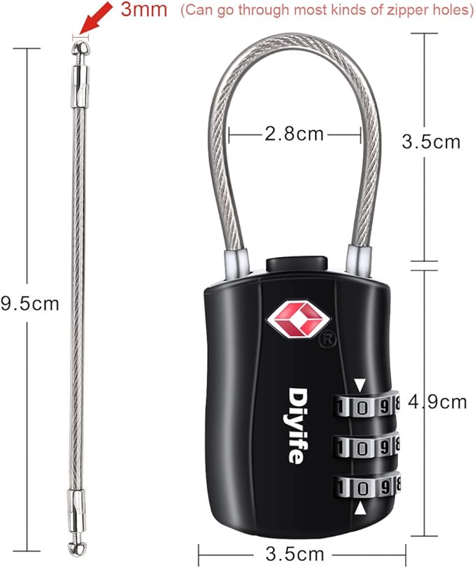 Diyife TSA Approved Luggage Locks, [2 Pack] 3-Digit Combination Security Flexible Cable Travel Lock, Resettable Code Lock with Zinc Alloy Body for Suitcases Travel Backpack Bag Case (Black)