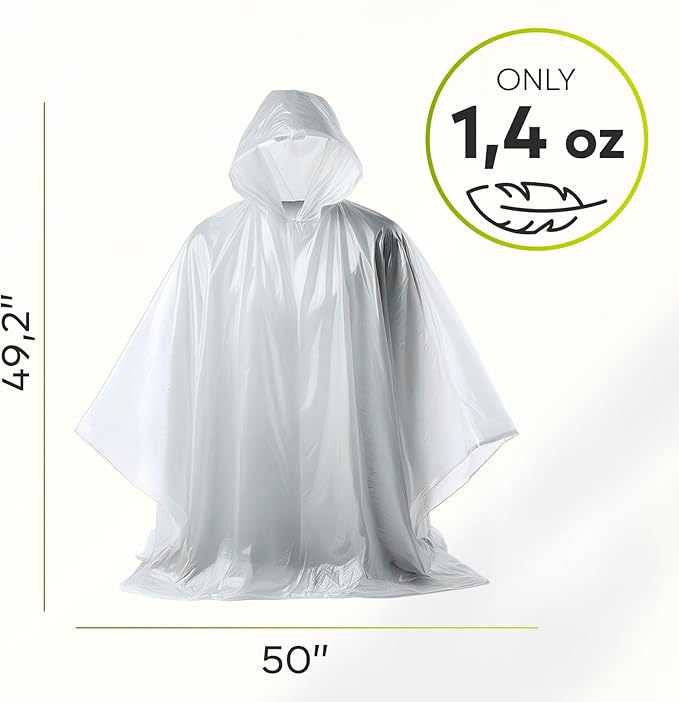 ZENO Disposable Rain Ponchos for Adults - Clear with Hood, Compact Emergency Ponchos for Hiking, Camping, Travel - Pack of 6