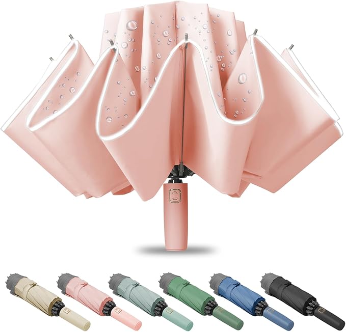 Fogkey Large Windproof Travel Umbrella - Reverse Auto Folding Car Umbrella for Rain and Sun, Compact Inverted Design with Waterproof Canopy, 10 Durable Ribs, Fits Backpack, Portable for Women & Men