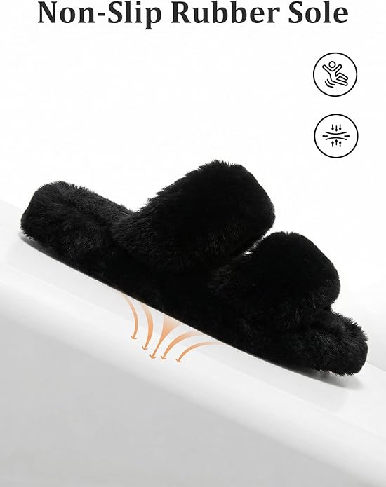 FamilyFairy Women's Fluffy Faux Fur Slippers Comfy Open Toe Two Band Slides with Fleece Lining and Rubber Sole