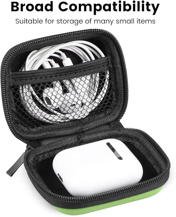Earphone case, RISETECH Earbud Carrying Case Holder Hard EVA Headphone Small Zipper Pouch Compatible with Flash Drive, USB Charging Cable, SD Memory Card, AirPods, Sony Wired Earbuds with Clip -Green