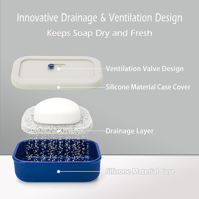 AIDIMMING Large Vented Silicone Travel Soap Case, Leak-Proof Shampoo Bar Holder for Shampoo and Conditioner Bar Set, Drain Tray Container for Large Bars, Handmade Bars, Travel Gym Camping, Blue