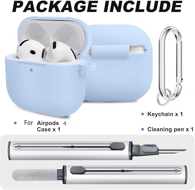 for Airpods 4th Case Cover, Come with Cleaner Kit,Soft Skin Silicone Case Cover with Keychain, Full Protective Case for Men and Women, Compatible with AirPods 4th Generation Case,Sky Blue