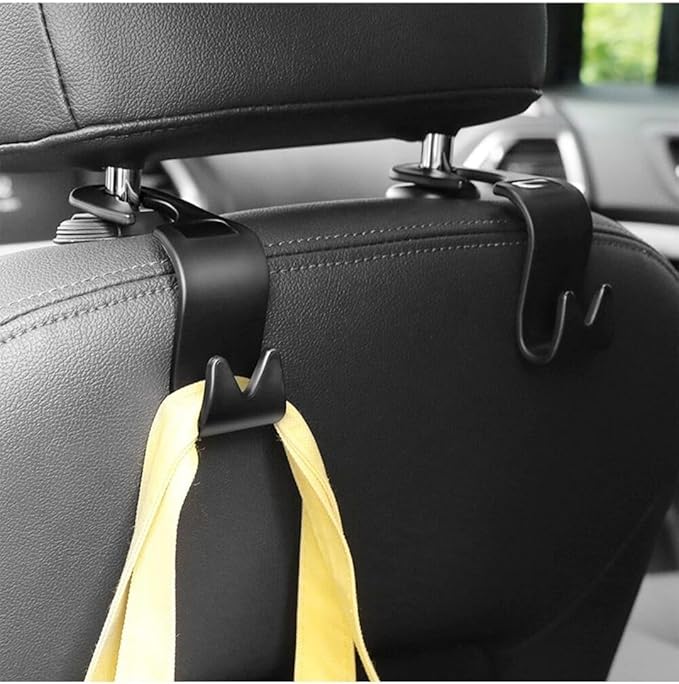 Amooca Car Seat Headrest Hook 4 Pack Hanger Storage Organizer Universal for Handbag Purse Coat Universal fit Vehicle Car Black with Buckle