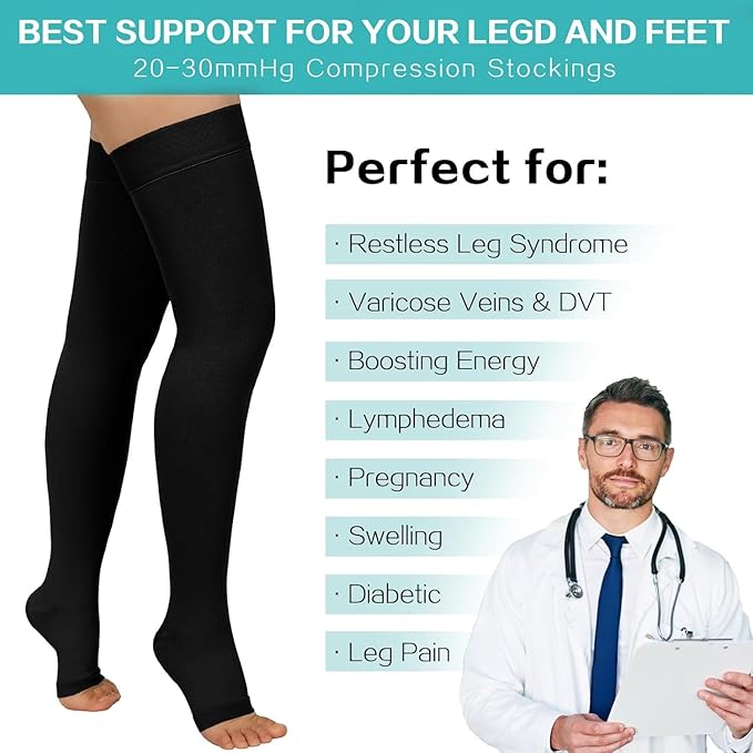 Thigh High 20-32 mmHg Compression Stocking Toeless Compression Socks for women & men circulation with Silicone Dot Band